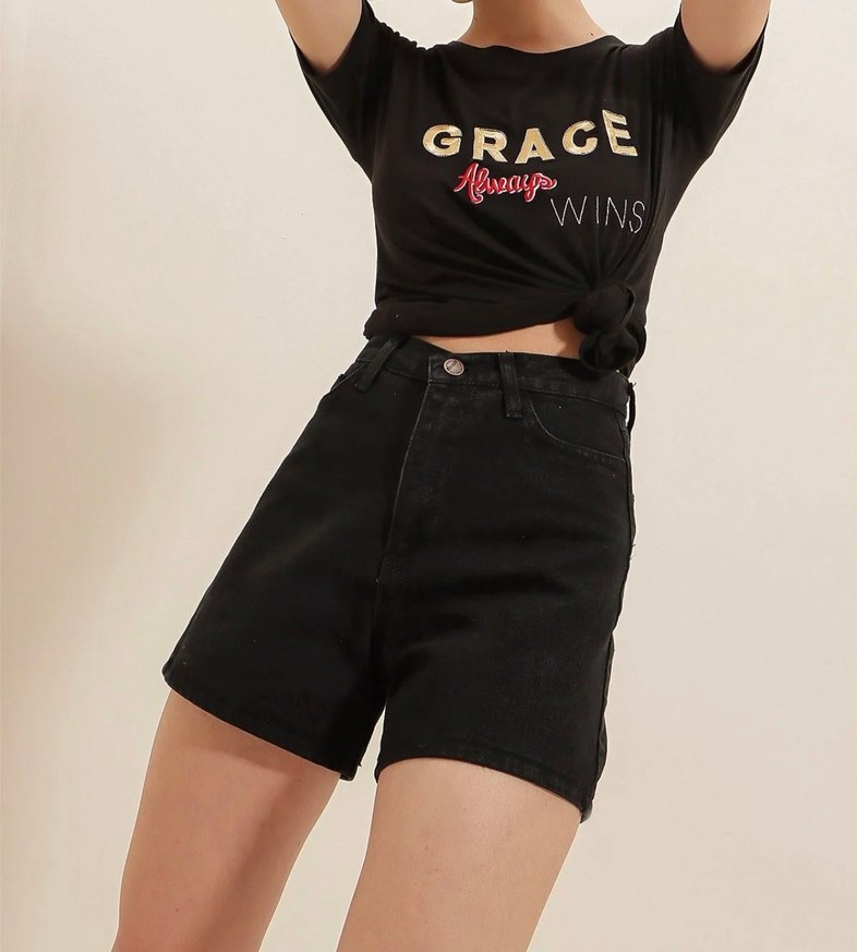 Siyah Kadın Kot Şort  Mini Boy - Görsel 4