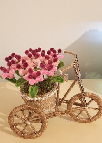 El Yapımı Pembe Şönil Çiçekli Jüt İpli Bisiklet - Görsel 3