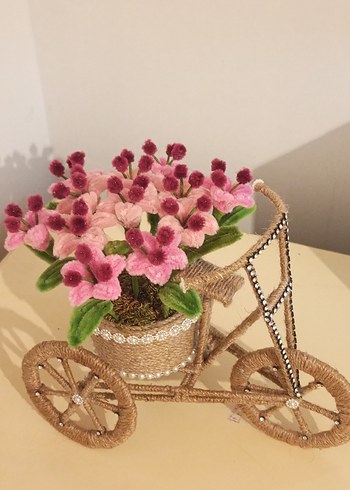 El Yapımı Pembe Şönil Çiçekli Jüt İpli Bisiklet - Görsel 4