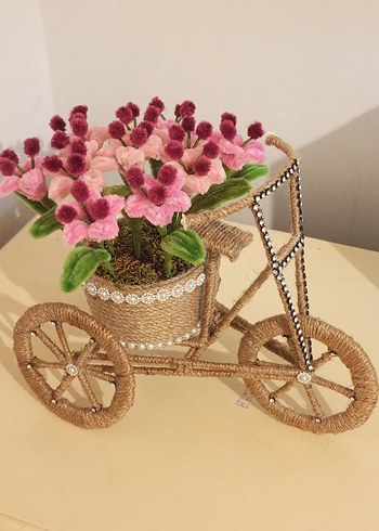 El Yapımı Pembe Şönil Çiçekli Jüt İpli Bisiklet - Görsel 2
