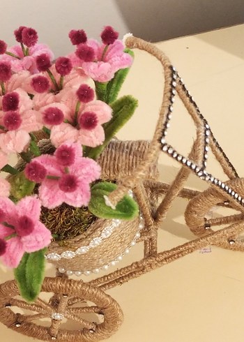 El Yapımı Pembe Şönil Çiçekli Jüt İpli Bisiklet - Görsel 5