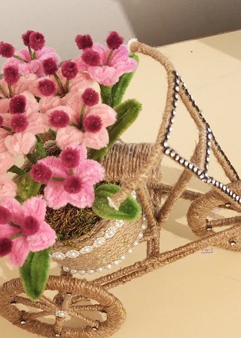 El Yapımı Pembe Şönil Çiçekli Jüt İpli Bisiklet - Görsel 6