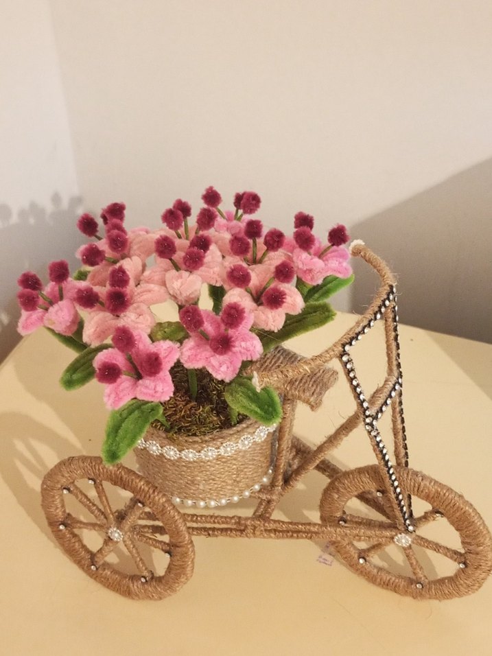 El Yapımı Pembe Şönil Çiçekli Jüt İpli Bisiklet - Görsel 4