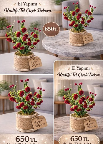 El Yapımı Kadife Tel Çiçek | Doğal İp Saksı Dekor - Görsel 9
