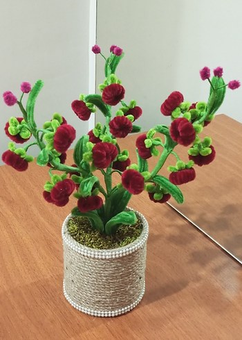 El Yapımı Kadife Tel Çiçek | Doğal İp Saksı Dekor - Görsel 3