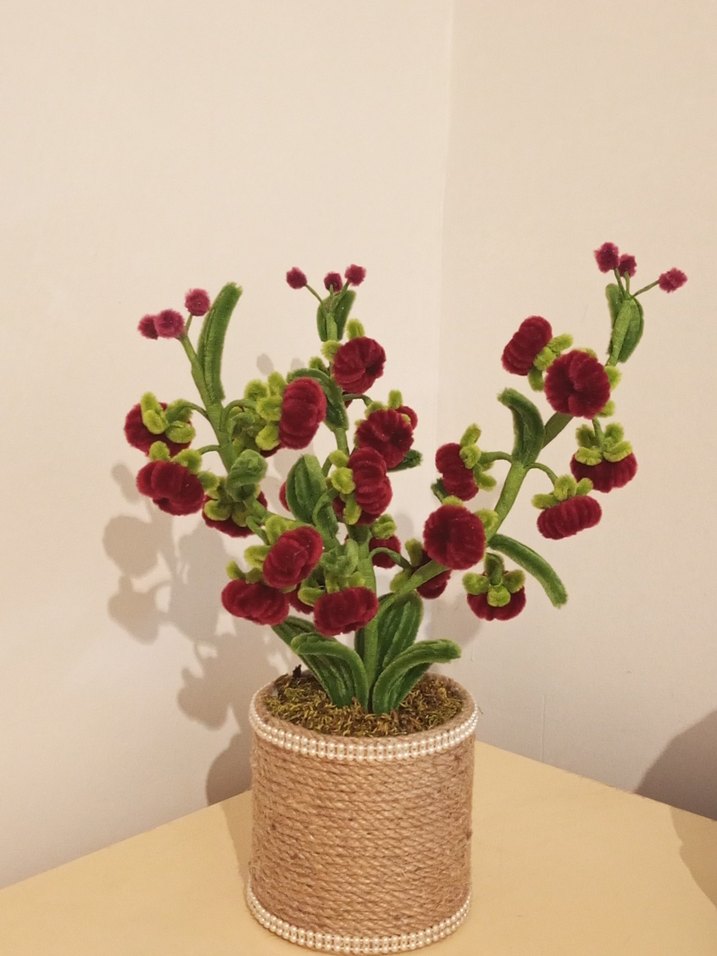 El Yapımı Kadife Tel Çiçek | Doğal İp Saksı Dekor - Görsel 2