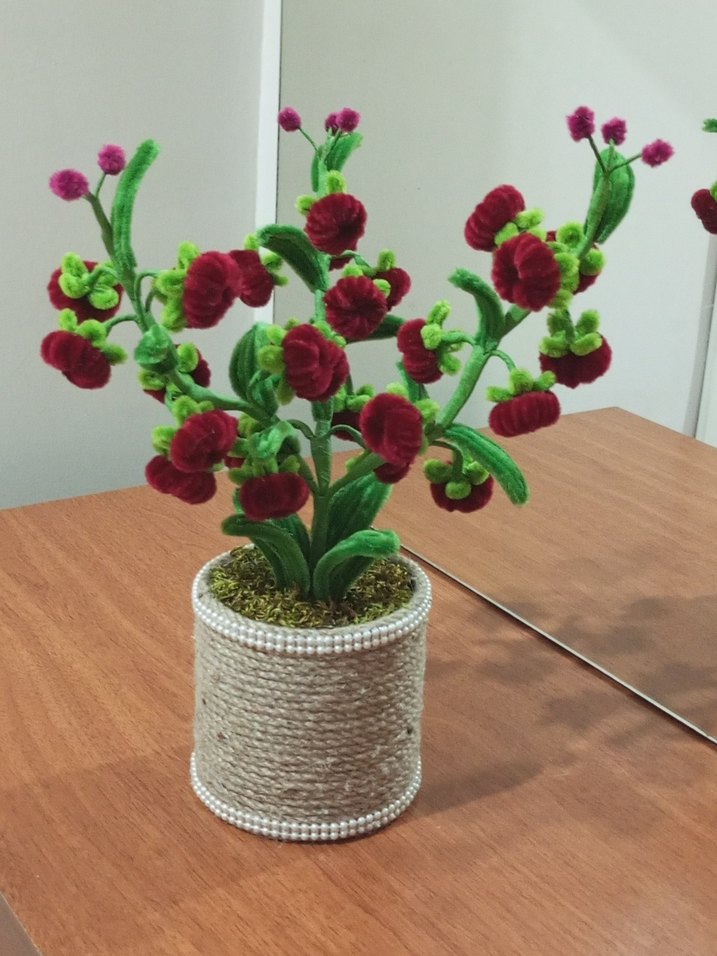 El Yapımı Kadife Tel Çiçek | Doğal İp Saksı Dekor - Görsel 4