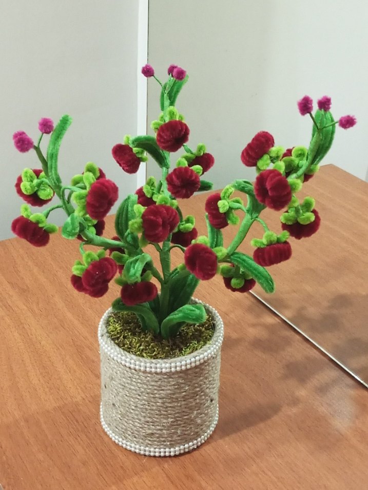 El Yapımı Kadife Tel Çiçek | Doğal İp Saksı Dekor - Görsel 3