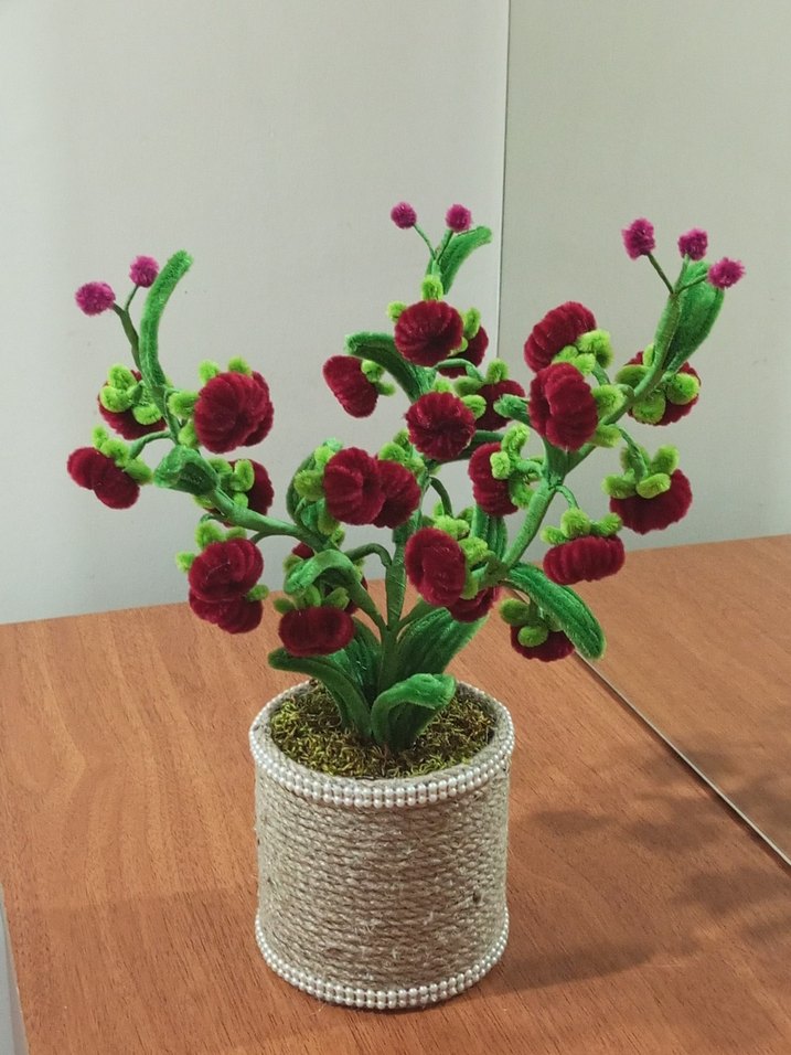 El Yapımı Kadife Tel Çiçek | Doğal İp Saksı Dekor - Görsel 5