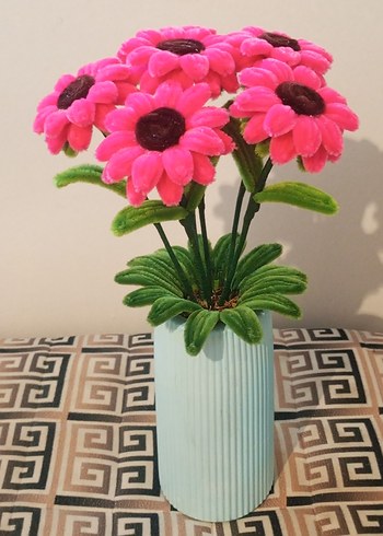 Pembe Şönil Çiçekli Dekoratif Vazo - Görsel 5