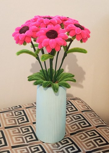 Pembe Şönil Çiçekli Dekoratif Vazo - Görsel 2