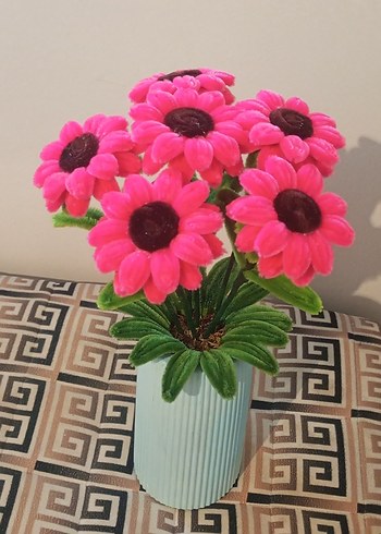 Pembe Şönil Çiçekli Dekoratif Vazo - Görsel 4