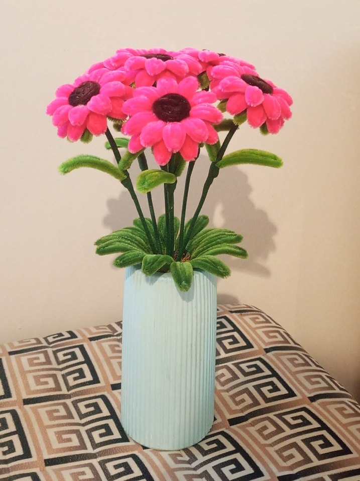 Pembe Şönil Çiçekli Dekoratif Vazo - Görsel 2