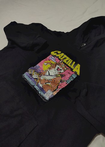 Siyah Kapüşonlu Baskılı Unisex Sweatshirt - Görsel 2