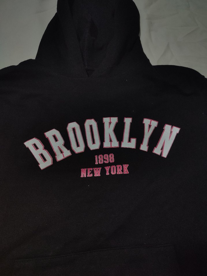 Brooklyn Baskılı Kapüşonlu Siyah Sweatshirt - Görsel 2