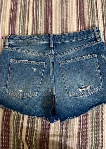 Düğmeli Bağlama Desenli Koyu Mavi Denim Şort - Görsel 2