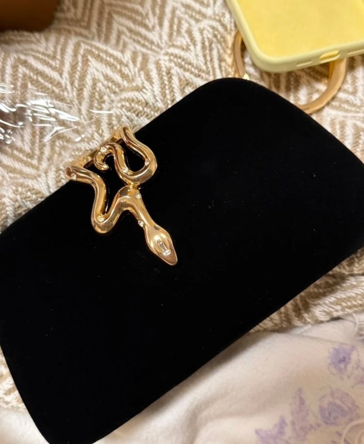 Siyah Süet Yılan Desenli Kadın Abiye Çanta - Görsel 2