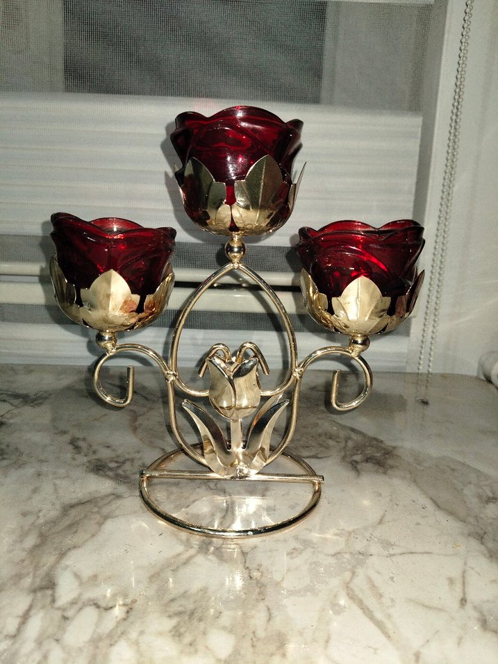 Bordo Gül Desenli 3'lü Mumluk - Görsel 2