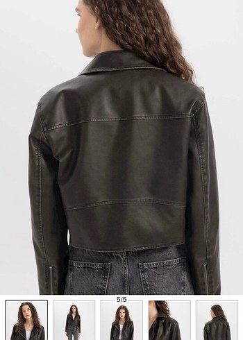 Kemer Detaylı Haki yeşil Deri Kadın Biker Ceket - Görsel 3