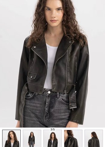 Kemer Detaylı Haki yeşil Deri Kadın Biker Ceket - Görsel 2