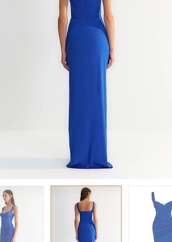 Mavi Drapeli Uzun V Yakalı Kadın Elbise - Görsel 3