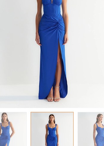 Mavi Drapeli Uzun V Yakalı Kadın Elbise - Görsel 2