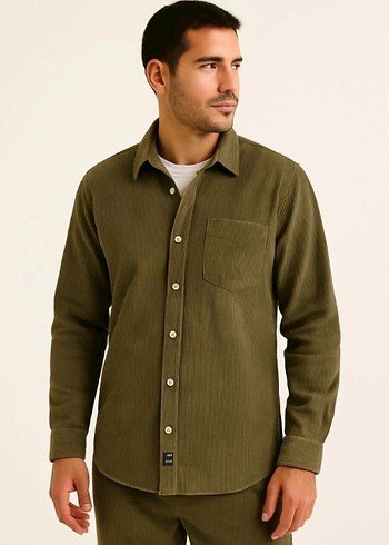 Erkek Haki Uzun Kollu Düğmeli Gömlek - Görsel 2
