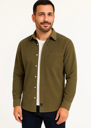 Erkek Haki Uzun Kollu Düğmeli Gömlek - Görsel 3