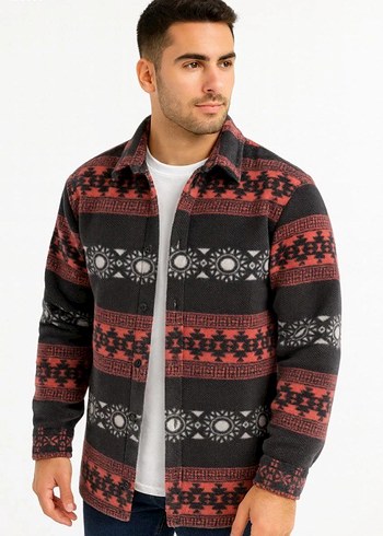 Düğmeli Etnik Desenli Erkek Polar Gömlek - Görsel 6