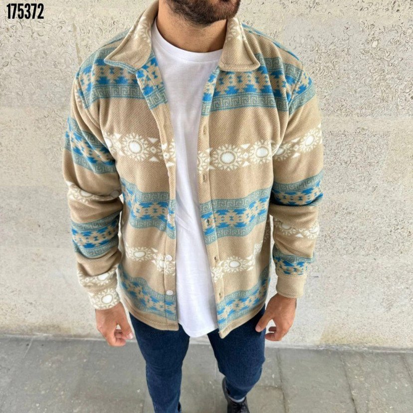 Düğmeli Etnik Desenli Erkek Polar Gömlek - Görsel 2