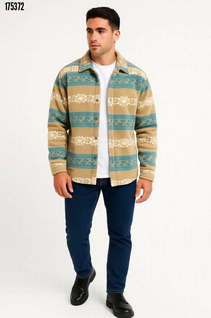 Düğmeli Etnik Desenli Erkek Polar Gömlek - Görsel 3