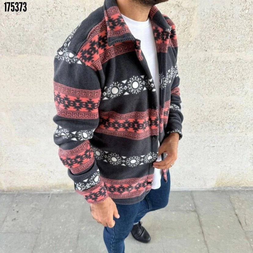 Düğmeli Etnik Desenli Erkek Polar Gömlek - Görsel 4