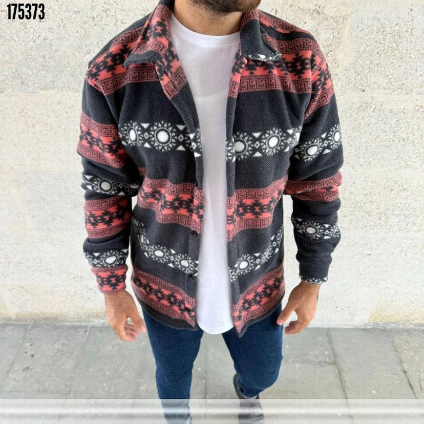 Düğmeli Etnik Desenli Erkek Polar Gömlek - Görsel 5