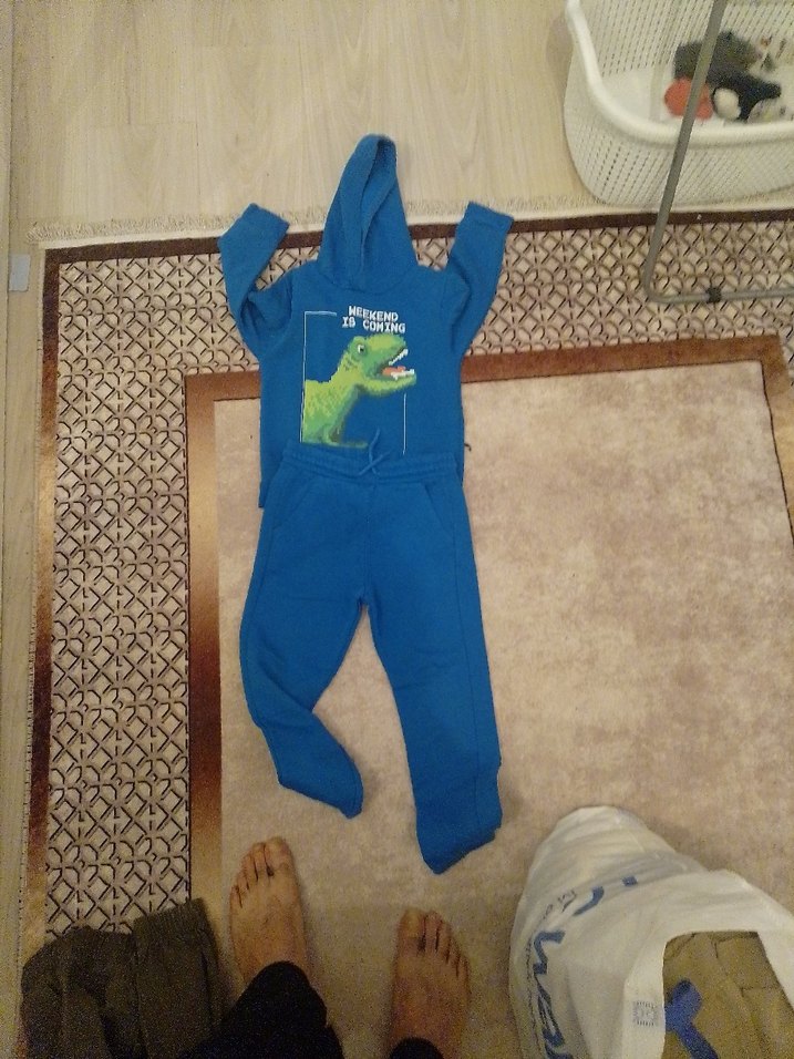 Kapüşonlu Erkek Çocuk Mavi Baskılı Sweatshirt takımı - Görsel 3