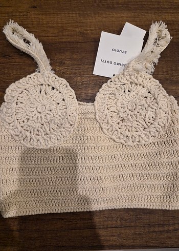 Nakışlı Örgü Krem Rengi Mini Büstiyer - Görsel 3