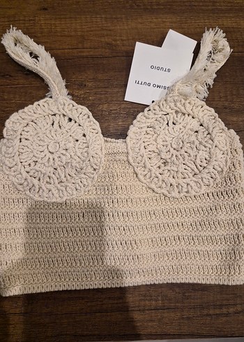 Nakışlı Örgü Krem Rengi Mini Büstiyer - Görsel 2