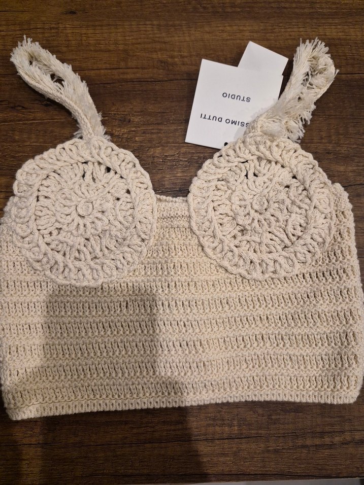 Nakışlı Örgü Krem Rengi Mini Büstiyer - Görsel 2