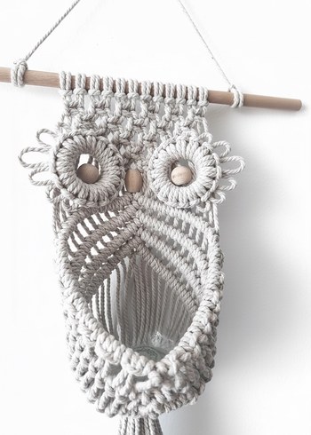 Gri Baykuş Makrome Duvar Süsü Saksı - Görsel 4