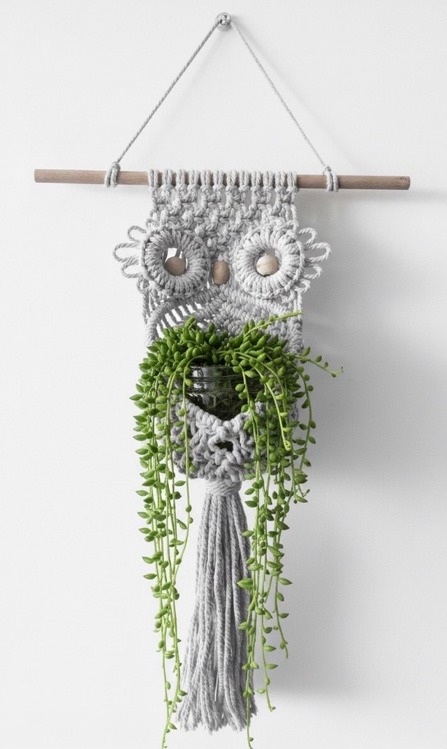 Gri Baykuş Makrome Duvar Süsü Saksı - Görsel 2