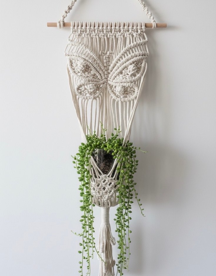 Kelebek Desenli Makrome Duvar Saksılığı - Görsel 2