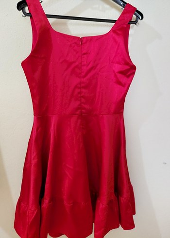 ateş kırmızı Mini Parlak Fırfırlı Elbise - Görsel 3