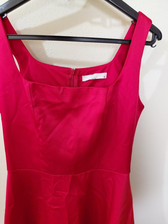 ateş kırmızı Mini Parlak Fırfırlı Elbise - Görsel 2