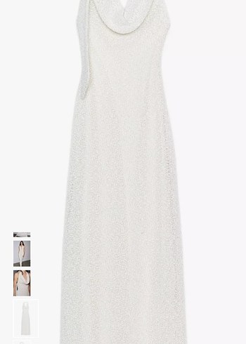 ekru  degaje yaka Uzun Elbise - Görsel 3