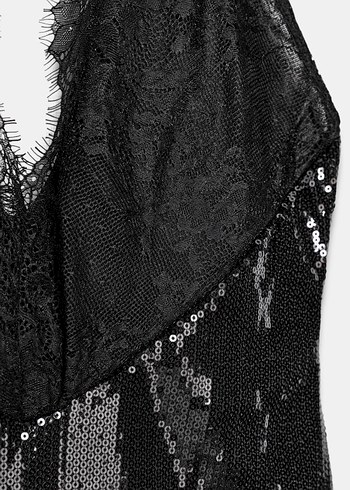 Siyah Dantel Detaylı Pulli elbise - Görsel 5