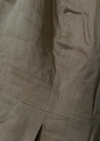 Bej Keten Pilili Midi Elbise - Görsel 3