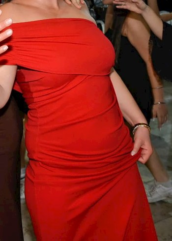 Drapeli Uzun Kırmızı Straplez Abiye Elbise - Görsel 2