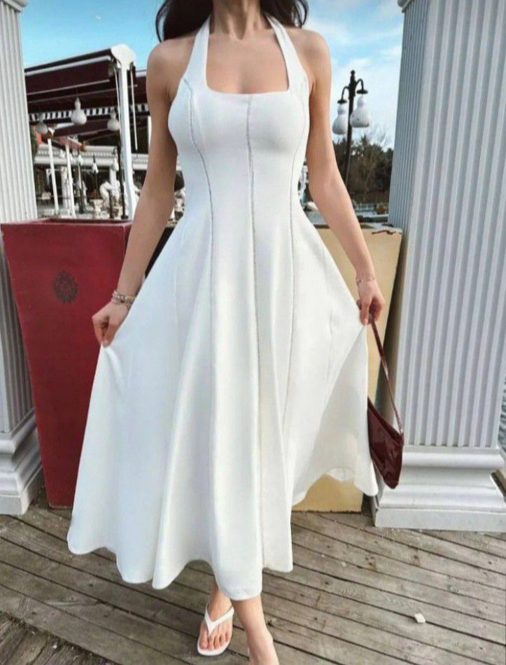 Uzun Beyaz Askılı Salaş Elbise - Görsel 2