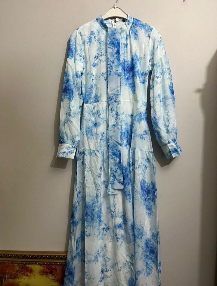 Mavi Batik Desenli Uzun Bohem Elbise - Görsel 2