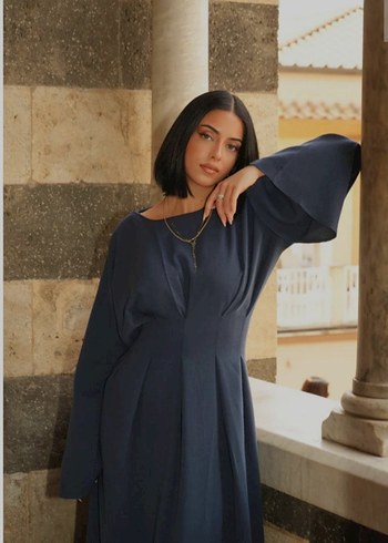 Lacivert belden bağlamalı elbise - Görsel 2