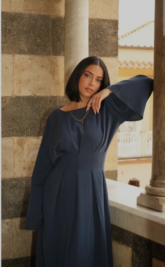 Lacivert belden bağlamalı elbise - Görsel 2